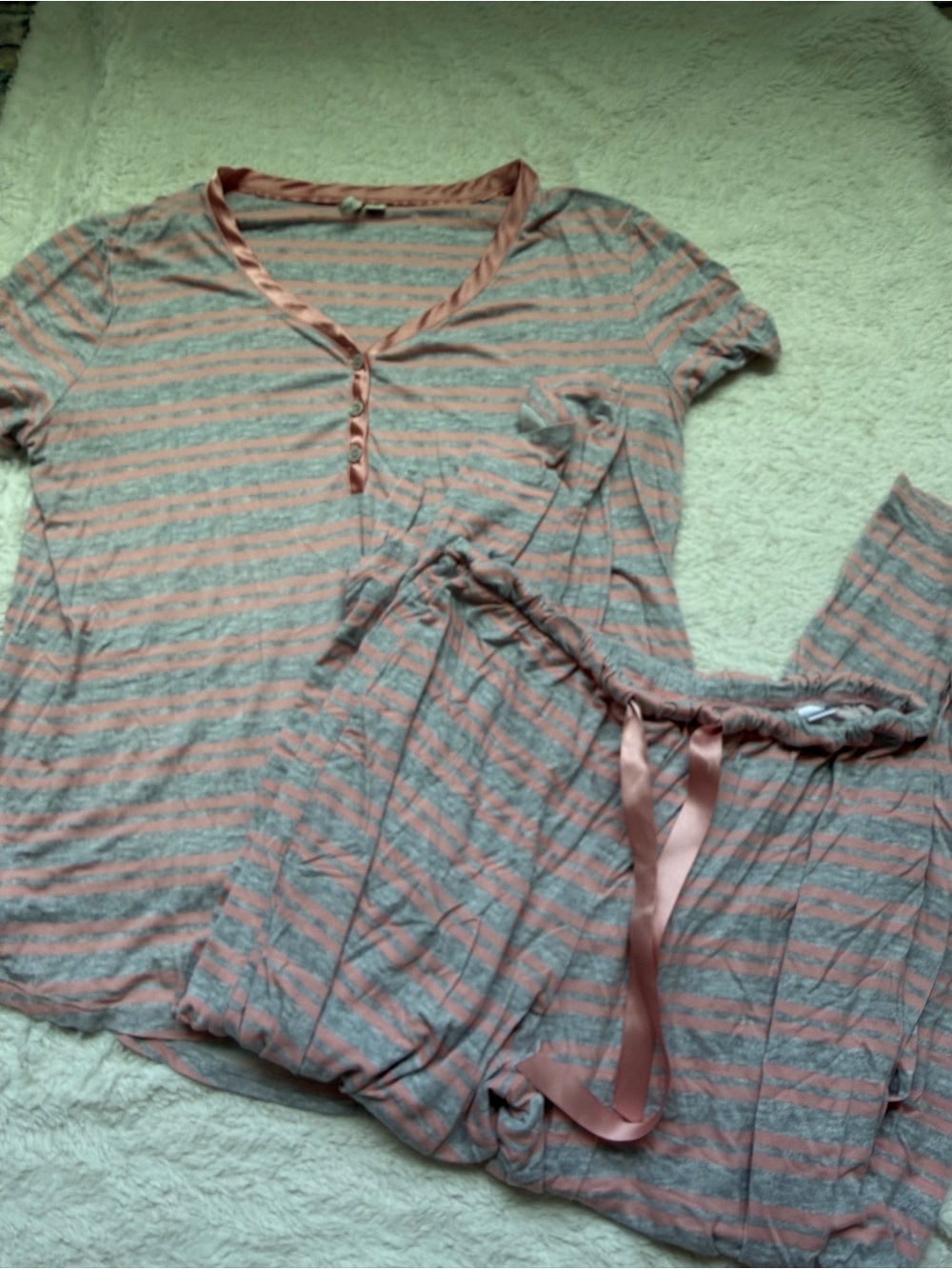 Live Well Sleep Womens Grey Coral Stripe Two Piece Pajama Set Size M